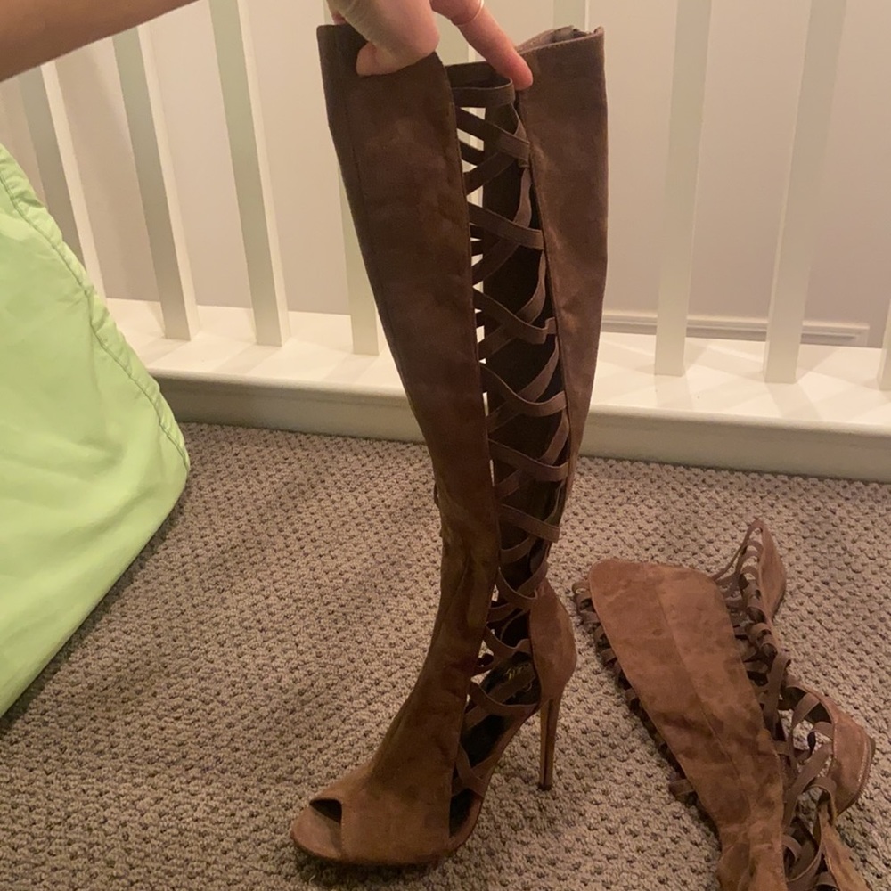 Brown Knee High Peep Toe boots